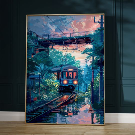 Discover Retro Anime Train Art Print: Lofi Hip Hop Japan