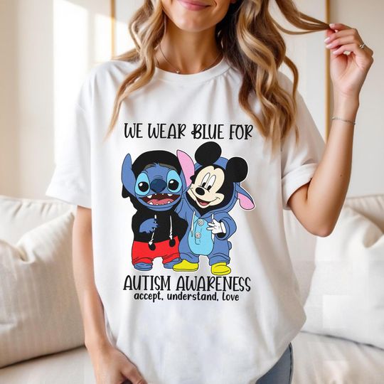 Discover Mickeyy Stitchh I Wear Blue For Autism Awareness Shirt, Stitchh Autism Shirt