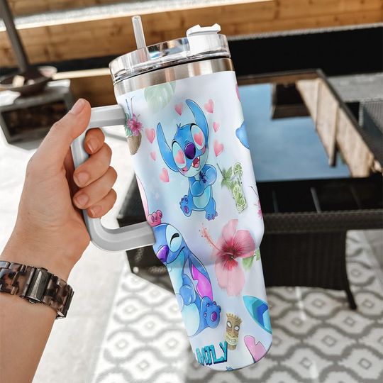 Discover Custom Stitchh n Angel 40oz Insulated Stainless Steel Travel Coffee Mug with Handle, Personalized Cartoon Tumbler, Stitchh Lover Gift