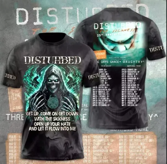 Discover Disturbed 2025 Tour Date 3D T-Shirt, Gift For Fans