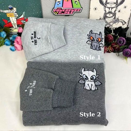 Discover Toothless Night Fury and Light Fury Couple Embroidered Sweatshirt