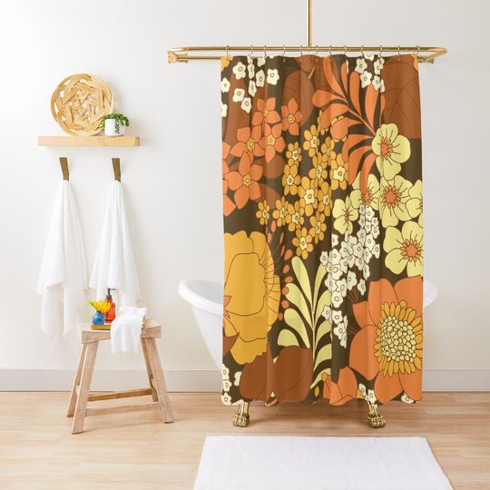 Discover Brown, Yellow, Orange & Ivory Retro Flowers Shower Curtain