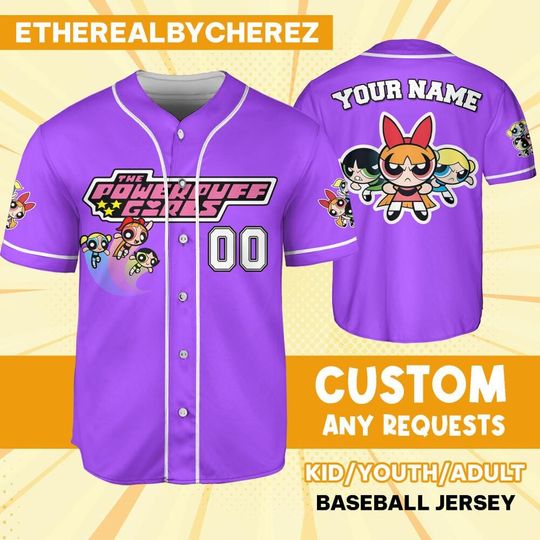 Discover Personalize Powerpuff Girl Action Violet Black Jersey, Cartoon Baseball Team Outfit