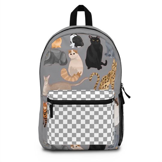 Discover Cute Cat Backpack | Gray Cat Lover's School Bag w/Checkered Pattern