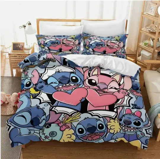 Discover Cartoon Stitchh And Angle Forever Love Happy Valentine's Day 3D Bedding Set