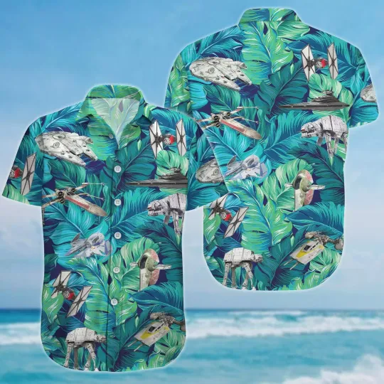 Discover Starr Warss At- At Walker Millennium Falcon Tropical Leaves Hawaiian Shirt