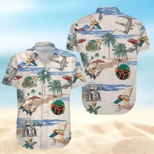 Discover Starr Warss Button Shirt, Starr Warss Hawaiian Shirt, AT-AT Walker Beach Shirt