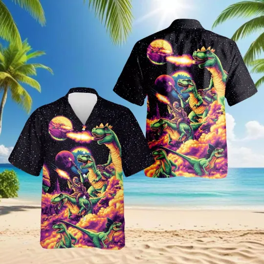 Discover Galaxy Dinosaurs Hawaiian Shirt For Men, Tropical Vacation Shirt