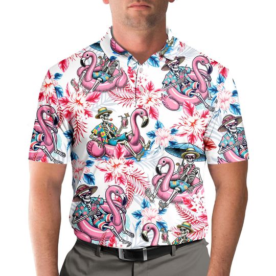 Discover Skull Flamingo Golf Polo Shirts for Men, Flamingo Skull Golf Player Short Sleeve