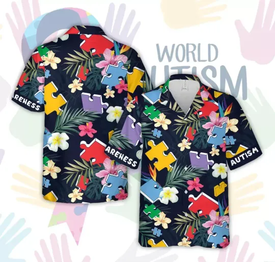 Discover Tropical Hibiscus Autism Awareness Hawaiian Button Down Shirt