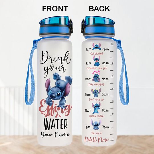 Discover Custom Stitchh Water Bottle 32Oz, Drink Your Effing Bottle, Disneyyy Movie Cartoon Daily Water Tracker