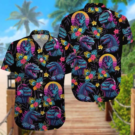 Discover god zilla Tropical Button Shirt, Dinosaur Hawaiian Shirt, Vacation Shirt