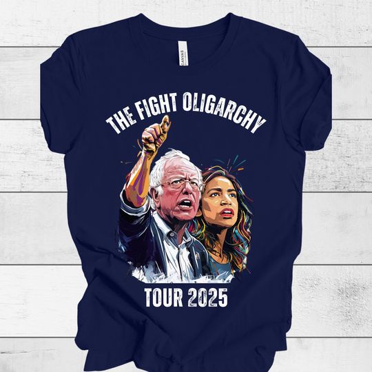 Discover The Fight Oligarchy Tour 2025 T-Shirt Bernie and AOC Political