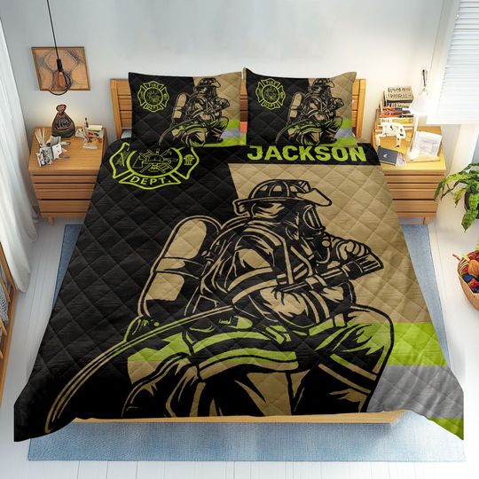 Discover Personalized Proud Firefighter Uniform Blanket, Custom Name Fireman Quilt Bedding Set