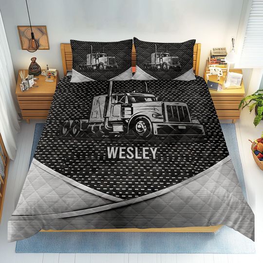 Discover Personalized Truck Quilt Set, Trucker Quilt Blanket, Custom Name Quilt Bedding Set, Gift for Truck Driver