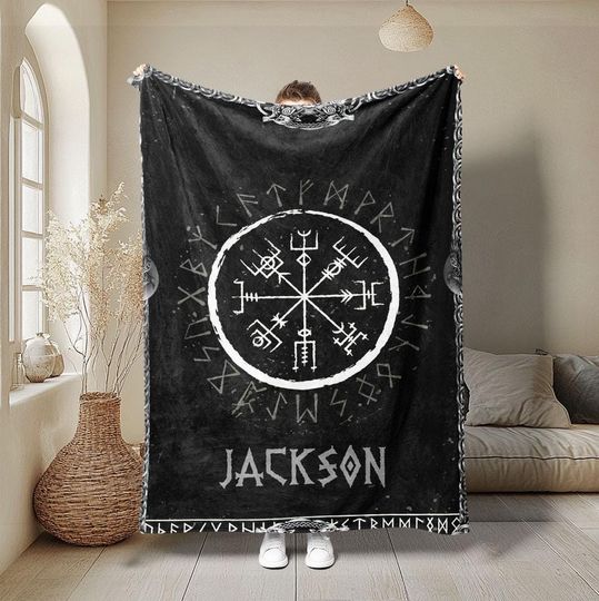 Discover Personalized Viking Blanket, Viking Vegvisir Woven Blanket, Custom Name Floral Woven Blanket