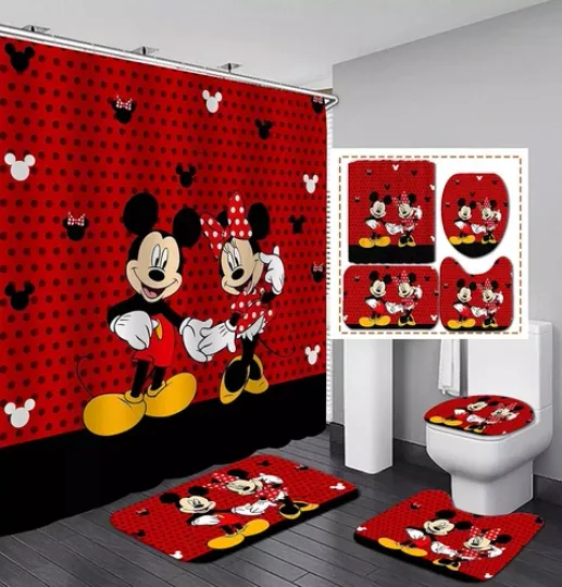 Discover Cute Mickeyy mouse Shower Curtain with Non-Slip Rugs, Toilet Lid Cover, Bath Mat