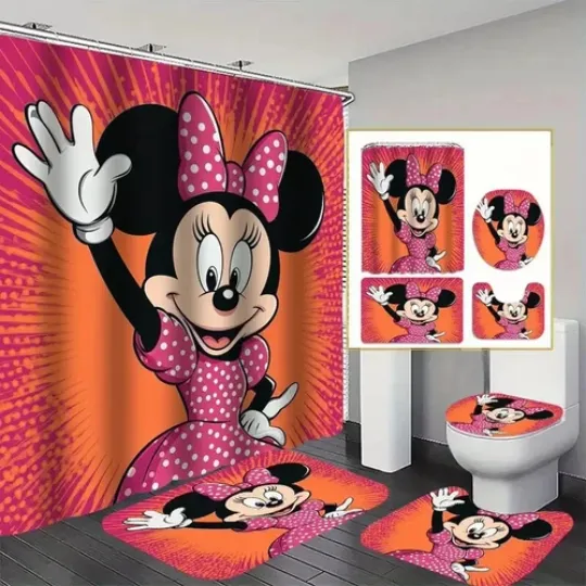 Discover Minniee Mouse Shower Curtain Set with Non-Slip Bath Mat - Toilet Seat Cover