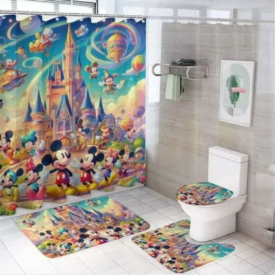 Discover Mickeyy 4PCS Shower Curtain Bathroom Set with Rugs, Toilet Lid Cover And Bath Mat
