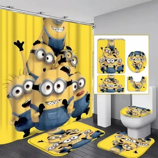 Discover Minion Shower Curtain Set Waterproof with Toilet Seat Cover Bath Mat