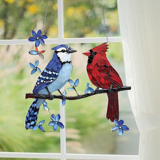 Discover Blue Jay and Cardinal Window Hanging ACRYLIC, Bird Suncatcher, Backyard Bird Decor