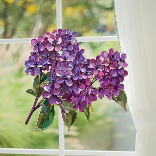 Discover May Birth Flower Window Hanging, Purple Lilac Sun Catcher, Stained Glass Look Floral Ornament
