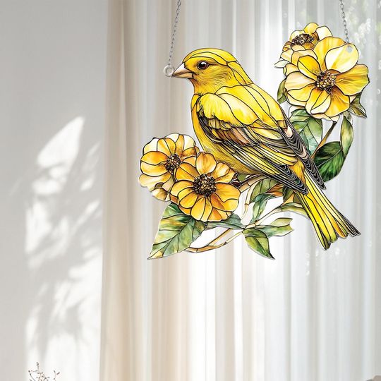 Discover Charming Yellow Canary Light Catcher, Canary decor, Glass bird art, Yellow bird decor