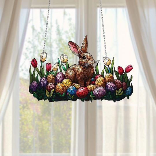 Discover Easter Window Hanging Acrylic Suncatcher, Featuring Lamb and Colorful Easter Eggs in Basket