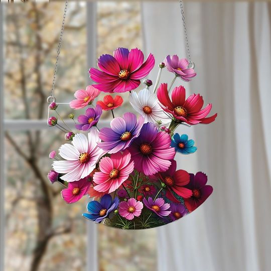 Discover Cosmos Flower Window Hanging, Cosmos Floral Suncatcher, Colorful Flower Ornament