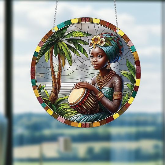 Discover Black Queen Window Hanging ACRYLIC, African Woman Playing Drum Suncatcher