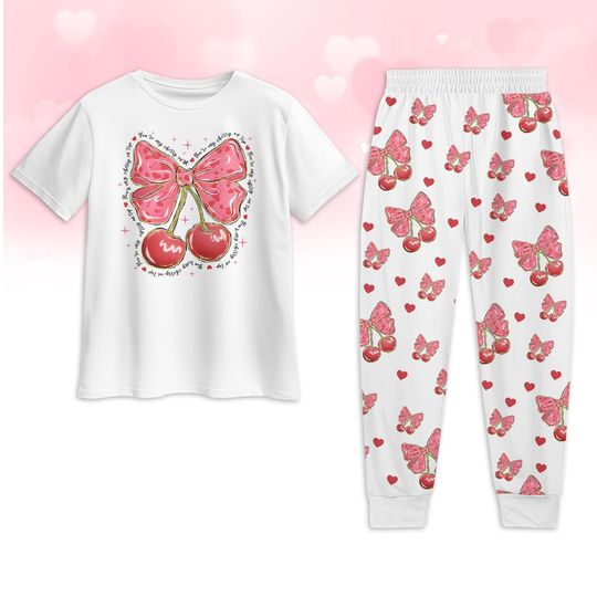 Discover Bow Tie Cherry Valentine Pajamas, Cherry Coquette 3D Tshirt Pants Set