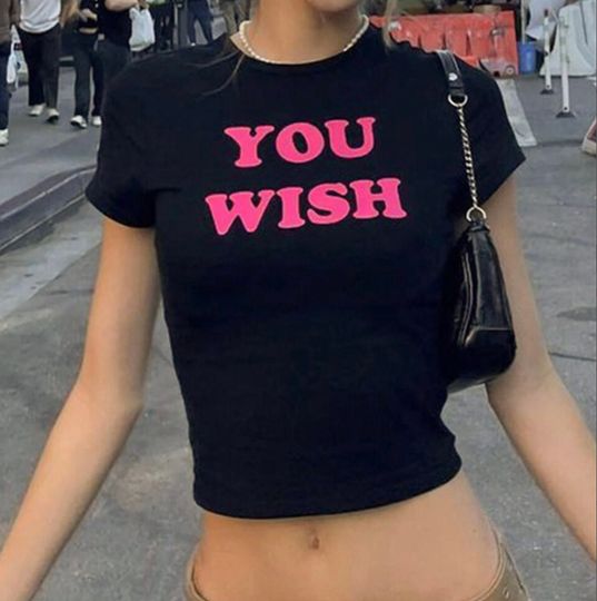 Discover Y2K Baby Tee "You Wish", Y2K Inspired Tee, Y2K Slogan Tee