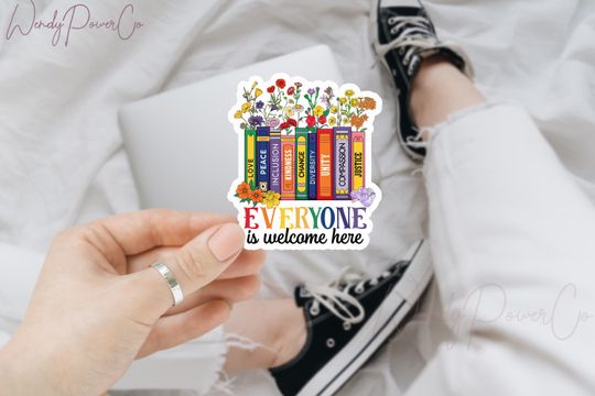 Discover Floral Book Everyone Is Welcome Here LGBTQ Sticker, Gay Pride Sticker, LGBT Sticker