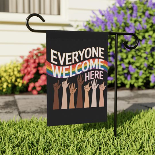 Discover Everyone Welcome Here Garden Flag, Rainbow Welcoming Flag