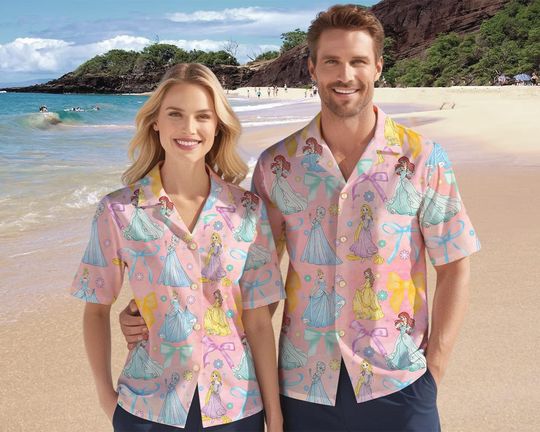 Discover Disneyyy Princess Hawaiian Shirt, Princess Coquette Bows Shirt, Watercolor Princess Button Up