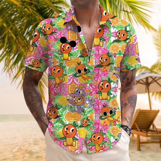 Discover Disneyyy Floral Hawaiian Shirt, Orange Bird Hawaiian Shirt, Orange Bird Aloha Shirt, Hello Sunshine Shirt