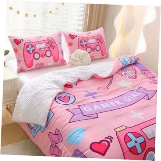 Discover Girls Pink Gamer Gamepad Comforter Set Full Size Gaming Controller Bedding Set