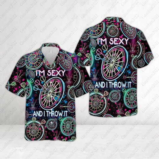 Discover Neon Darts Hawaiian Shirt, I'm Sexy And I Throw It Dartboard Button Up Shirt