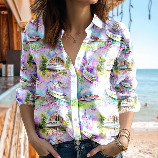 Discover Watercolor Monorail Women Blouses Shirt, Metro Button Up Shirt, Magic World Women Shirt