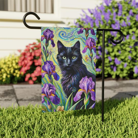 Discover Yard Flag, Black Cat Purple Iris's Garden House Banner, Outdoor Decoration, Cat Lover Gift, Floral Yard Sign, Home Decor Flag