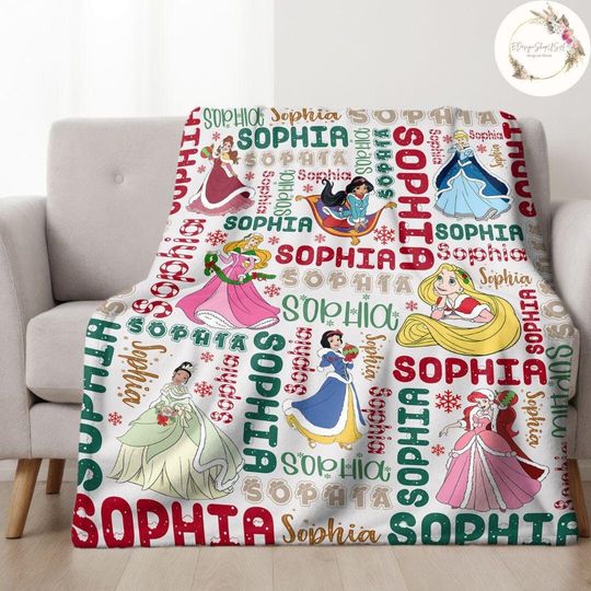 Discover Personalized Disneyyy Princess Christmas Blanket, Custom Name Baby Girl Blanket