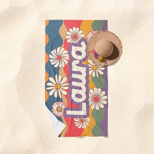 Discover Personalized Beach Towel, Towel with Name, Gift for Tween, Retro Towel, Daisy Beach Towel