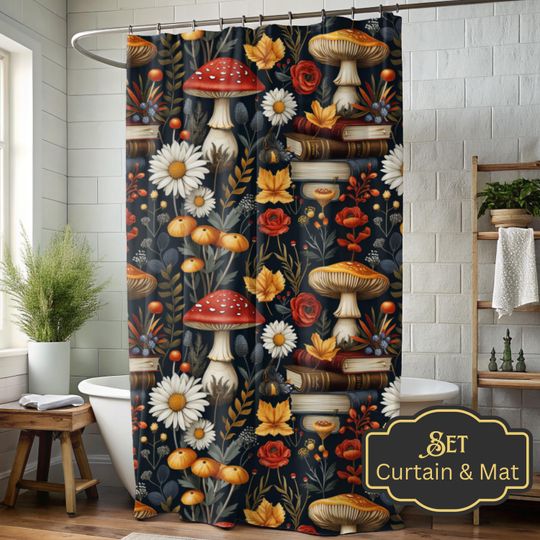 Discover Shower Curtain Dark Cottagecore Allover Floral Print Mushroom Bath Mat Set Curtain