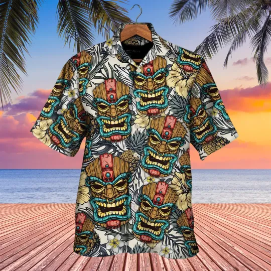 Discover Funny Tropical Leaves Aloha Tiki Hawaiian Shirt Casual Summer Beach Button Down