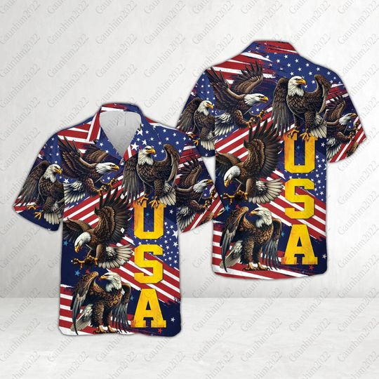 Discover USA Eagle Hawaiian Shirt, 4th Of July Patriotic Button Up Shirt