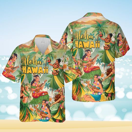 Discover Tropical Summer Hula Girl Hawaiian Shirt, Aloha Hawaii Hula Dancer Button Up Shirt