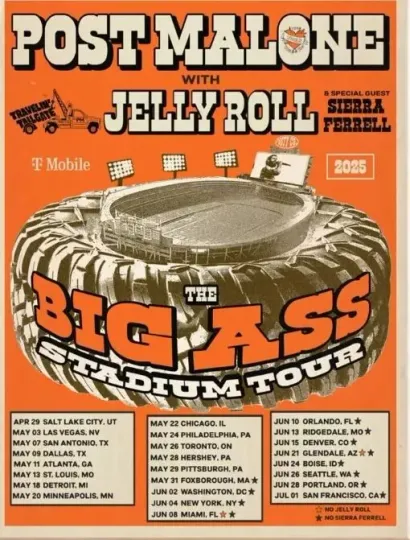 Discover Post Malone and Jelly Roll US 2025 Tour Poster