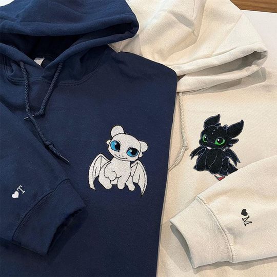 Discover Toothless And Light Fury Embroidered Sweatshirt, Dragon's Couple Embroidered Hoodie