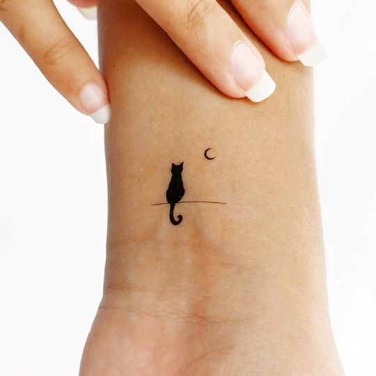 Discover Minimalist Standing Cat Looking at Moon Temporary Tattoo
