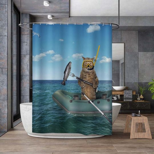 Discover Cat That Fishes Shower Curtain, Funny Shower Curtain